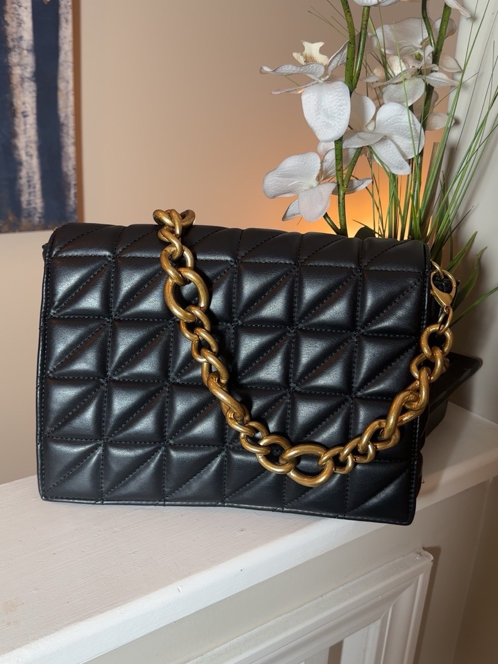 Zara Black Quilted Shoulder Bag with Gold Chain